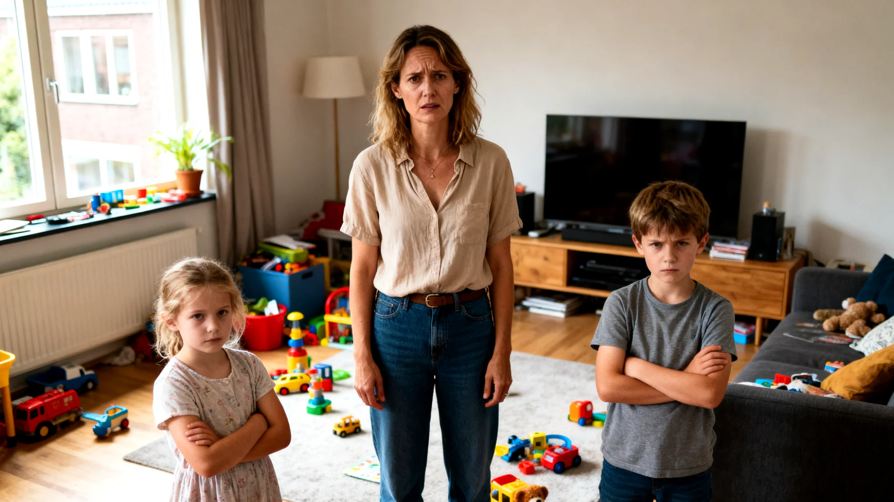 Een moeder worstelt met conflicten over regels en grenzen met haar kinderen. De kinderen reageren met verzet wanneer grenzen worden gesteld, wat leidt tot spanningen in de opvoeding en onduidelijkheid over consequenties."
