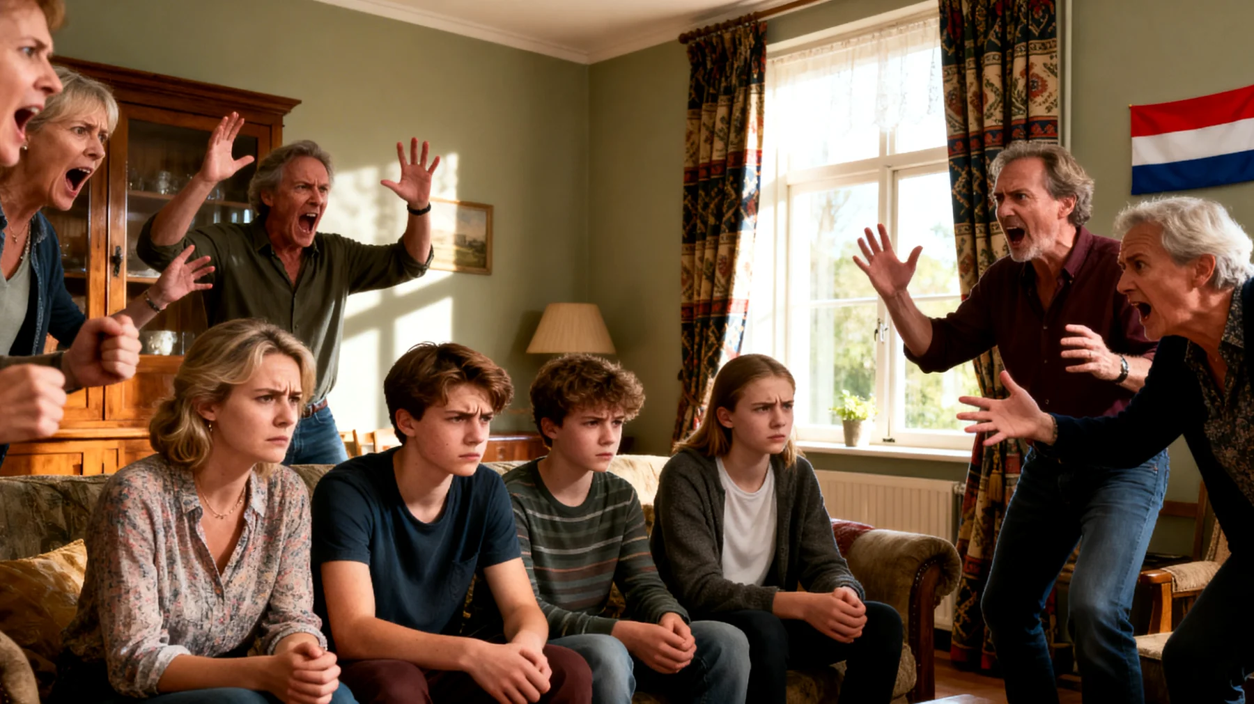 Conflicten tussen ouders en adolescenten veroorzaakt door spanningen met de uitgebreide familie, zoals schoonfamilie, ooms, tantes of andere familieleden die zich bemoeien met opvoedingskeuzes of kritiek leveren"