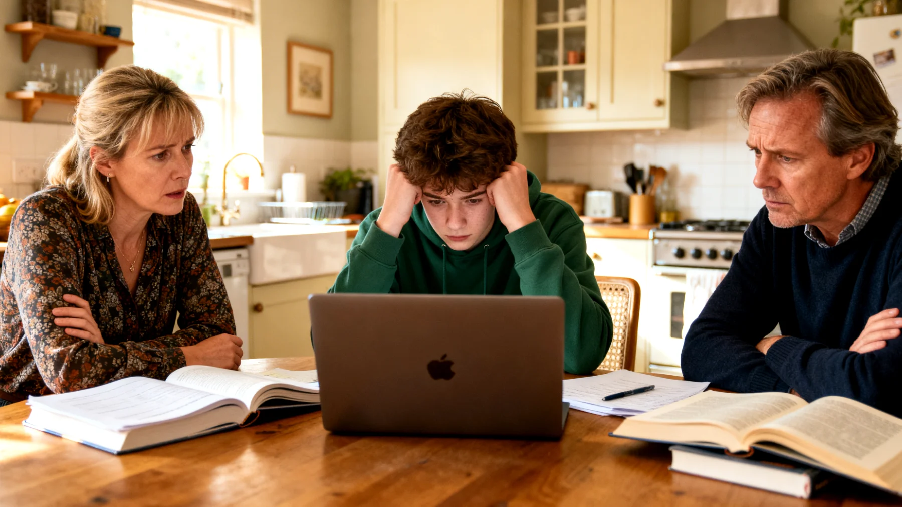 Ouders worstelen met de studieproblemen en gebrek aan motivatie bij hun kinderen, waarbij het moeilijk is om de juiste balans te vinden tussen ondersteuning bieden en druk uitoefenen."